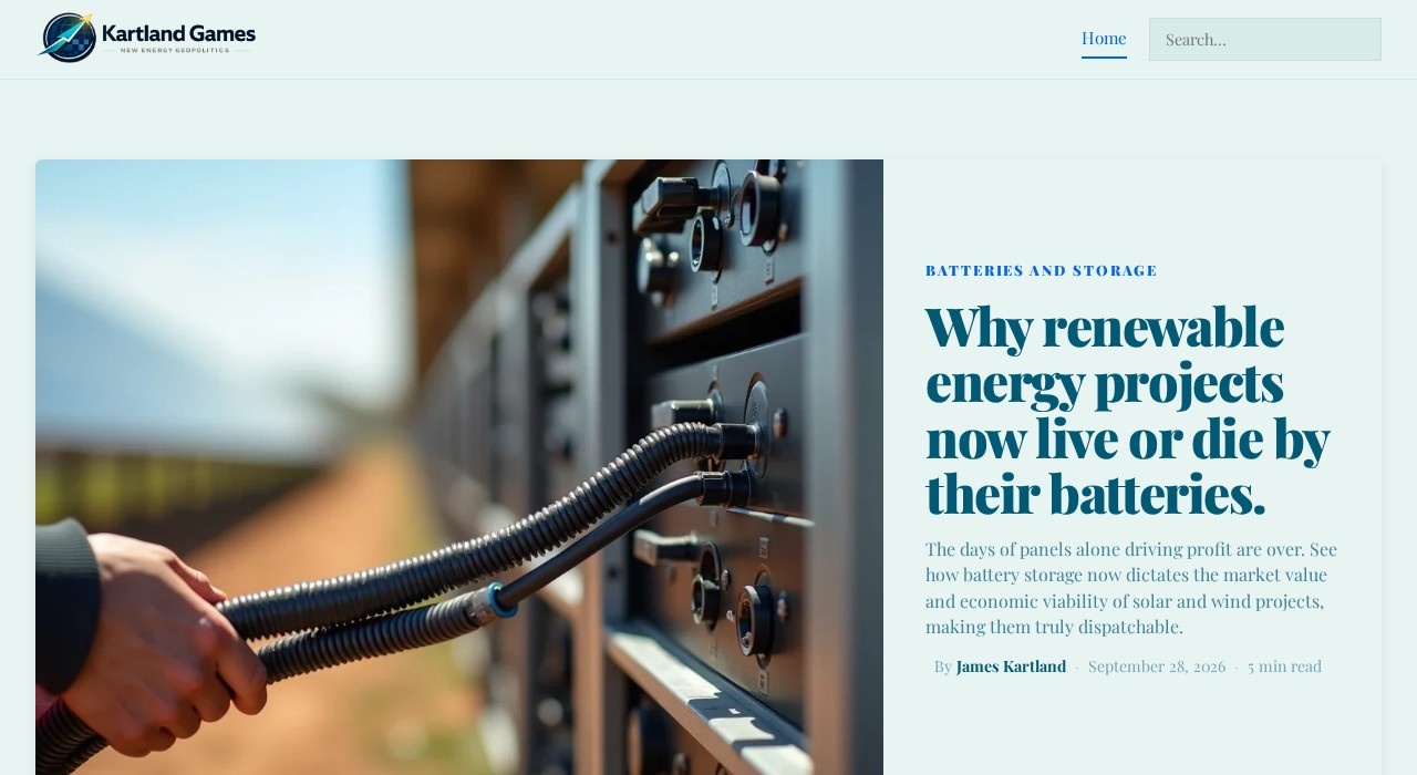 Kartland Games homepage — featured story on how battery storage dictates renewable project economics