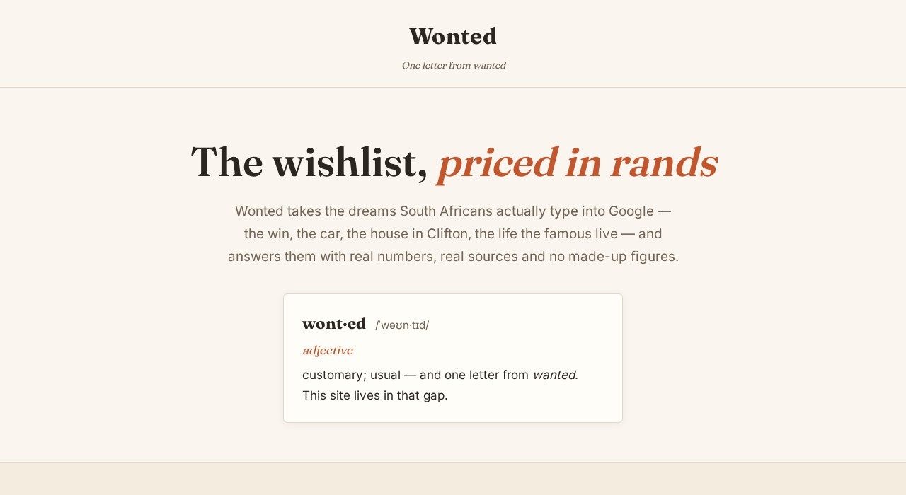 Wonted homepage - South African wealth and lifestyle curiosity